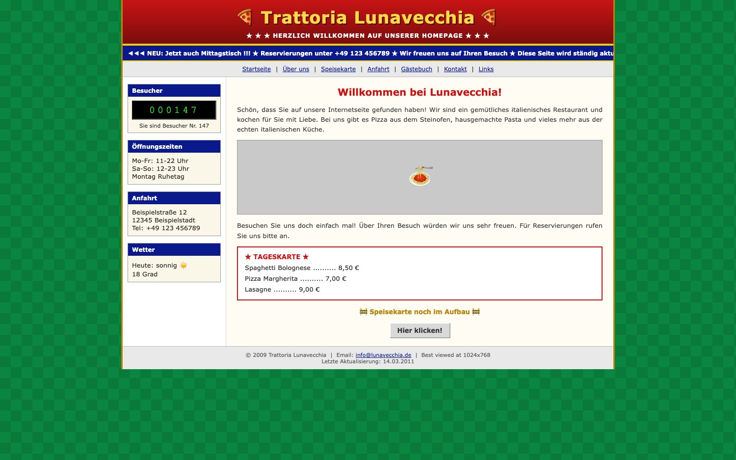 Veraltete Restaurant-Website — unübersichtlich und nicht für das Handy gemacht